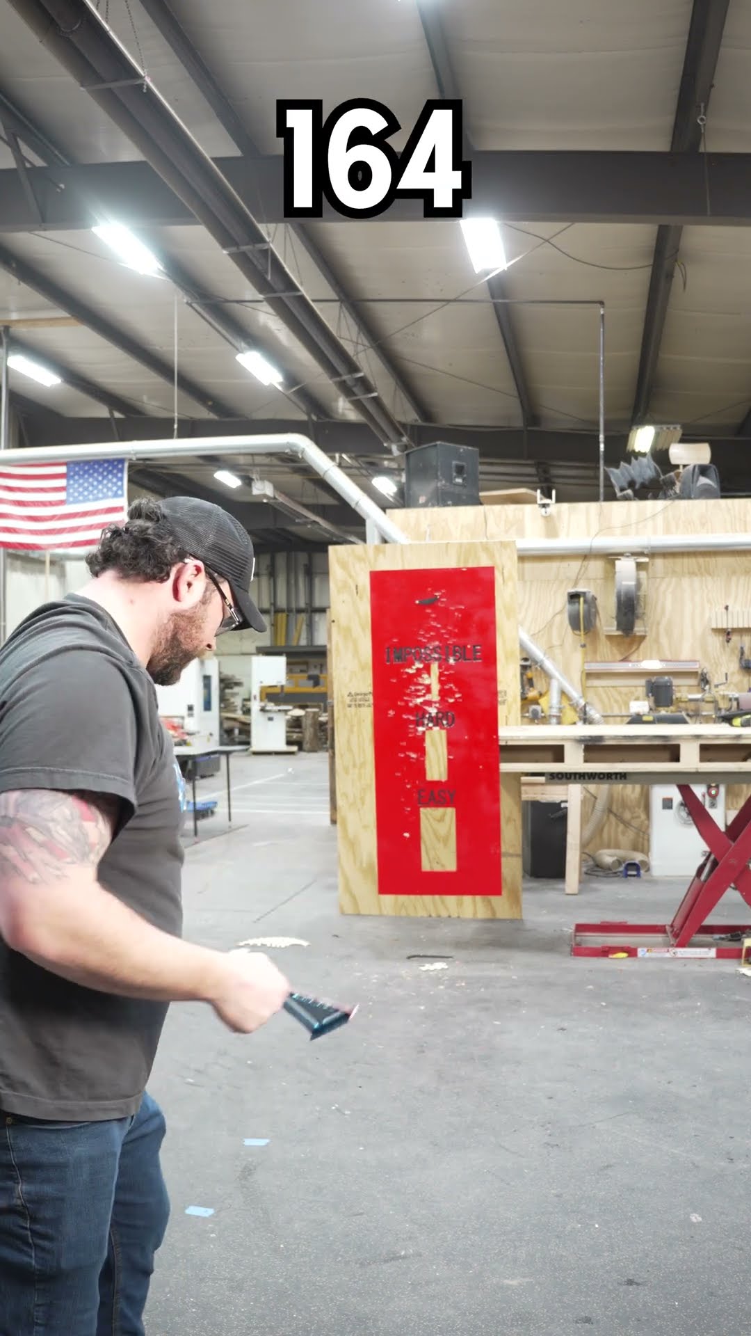John's Short: throwing a wooden triangle at a plywood Easy/Hard/Impossible board in the shop